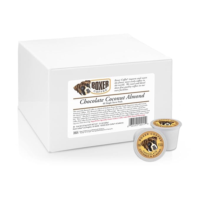 Boxer Coffee 48ct Chocolate Coconut Almond – Naturally Flavored Medium Roast Coffee Pods – Specialty Grade Artisan Single-Serve Cups – Compatible with Keurig K-Cup Brewers