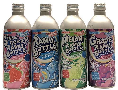 [JapanRare] SANGARIA RAMUNE MIX COMBO (ORIGINAL MELON GRAPE STRAWBERRY) - 24 ALUMINUM BOTTLES 16.2 FL OZ EACH