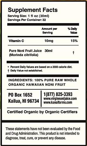 Virgin Noni Juice - RAW (Unpasteurized) 100% Pure Organic Hawaiian Noni Juice - 32oz Glass Bottle
