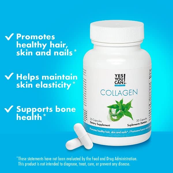 Yes You Can! Collagen Capsules Dietary Supplement to Promote Healthy Hair Skin and Nails 290 mg Bovine Collagen Vitamin A Vitamin D3 Zinc and Copper 30 Capsules