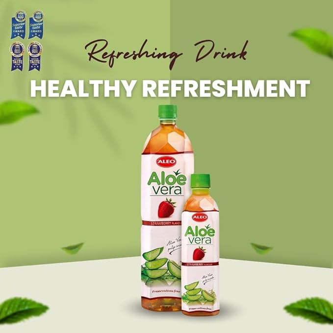 ALEO 0.5L x 24 Premium Strawberry Aloe Vera Drink - Natural No Preservatives No Artificial Colors Superior Taste Award 2025