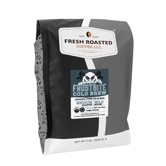 Fresh Roasted Coffee Organic Frostbite Cold Brew | Mold &amp Myco 3rd Party Tested USDA Organic Kosher | Medium Roast | 5 lb Whole Bean