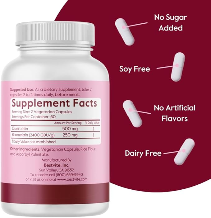 BESTVITE Quercetin with Bromelain 500mg/250mg (240 Vegetarian Capsules) (120 x 2) - No Stearates - No Silicon Dioxide - Vegan - Non GMO - Gluten Free