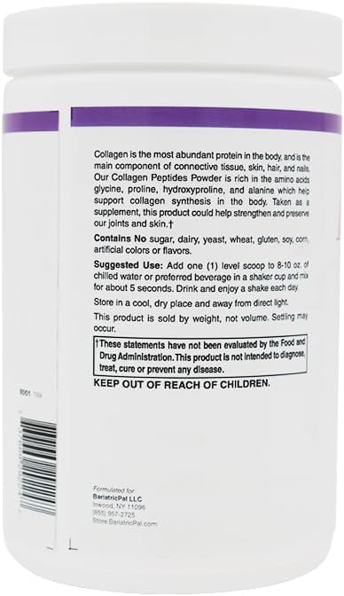 BariatricPal Collagen Peptides Powder (Unflavored Hydrolyzed Type 1 &amp 3 Grass Fed) - Skin Hair Nail &amp Joint Support (14 Servings) 9.88 oz.
