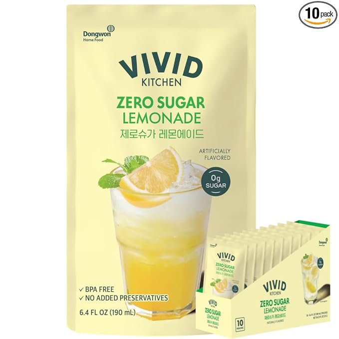 VIVID KITCHEN Lemonade Pouch Drinks – Zero Sugar Zero Calories | Korean Convenience Store Drink | No Artificial Preservatives or Corn Syrup | 6.4 fl oz (10 Pouches) (10 Pouch Lemonade)