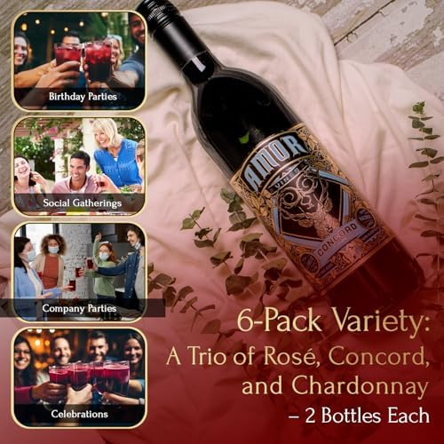 Amor Vines: Rosé Chardonnay &amp Unfiltered Concord Grape Juices - 100% Pure Non-Alcoholic No Water Added Preservative-Free – 750ml Glass Bottles (Pack of 6)