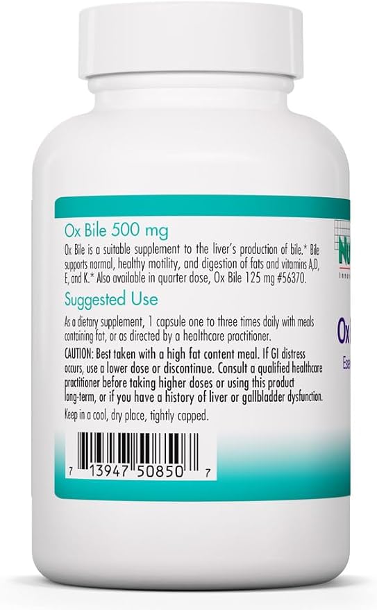 NutriCology Ox Bile 500 mg - Supports Fat Digestion - Delivers 500 mg Concentrated Bile Salts per Serving - Hypoallergenic &amp Vegetarian - 180 Servings - 180 Capsules