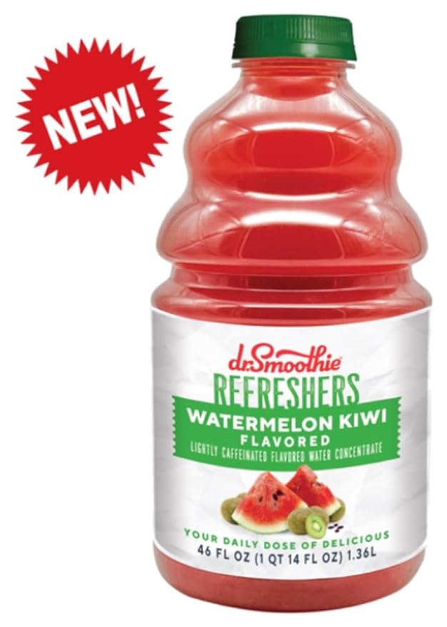 Dr. Smoothie Refreshers Watermelon Kiwi – Made with Real Fruit Juice – Drink Concentrate No Artificial Colors Shelf-Stable – Lightly Caffeinated with Green Coffee Extract (46 oz Bottle)