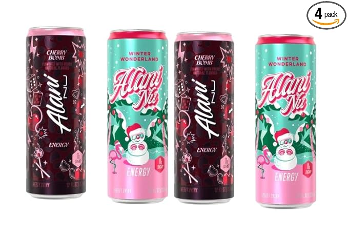 Alani energy drink Winter Wonderland &amp Cherry Bomb variety pack 4 cans - Sugar Free Low Calorie Energy Drinks - Pre Workout Performance Zero Sugar 12 Fl Oz Cans