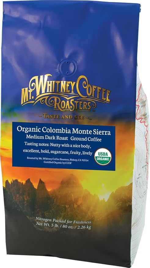 Mt. Whitney Colombia Monte Sierra OrganicSingle origin Medium Dark Roast Smooth Full Flavored low Acid Coffee (Ground 5 Lb)