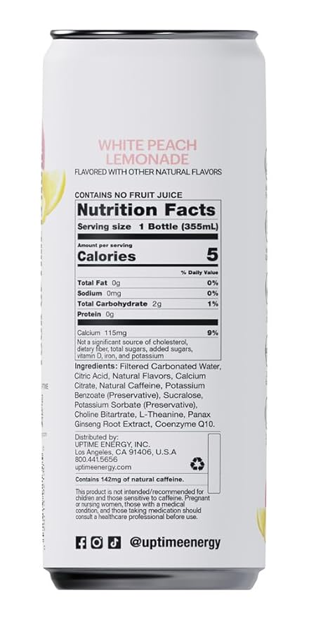 UPTIME Energy Drink White Peach Lemonade Sparkling 12 Pack Vitamin C L Theanine Calcium Sugar Free Energy Drinks for Focus Support 142mg of Natural Caffeine 5 Calories Clean 12 fl oz Cans
