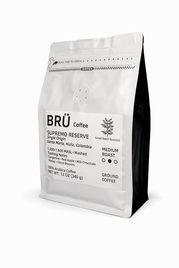 BRÜ Coffee Colombian Ground Coffee - Medium Roast - Single Origin – Huila High Elevation – 100% Arabica – Washed