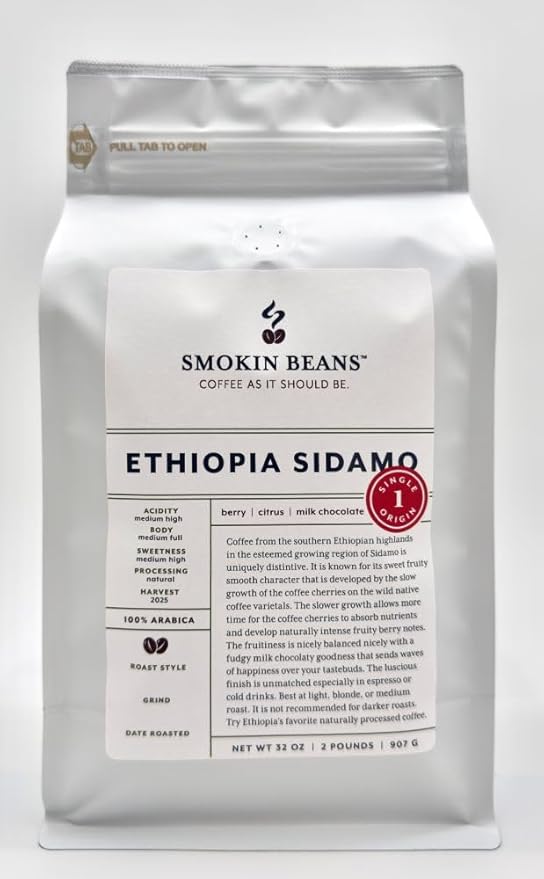 Smokin Beans 2-Pound Ethiopia Sidamo Freshly Roasted Coffee Natural Processing Medium Roast Premium Whole Bean Specialty Coffee