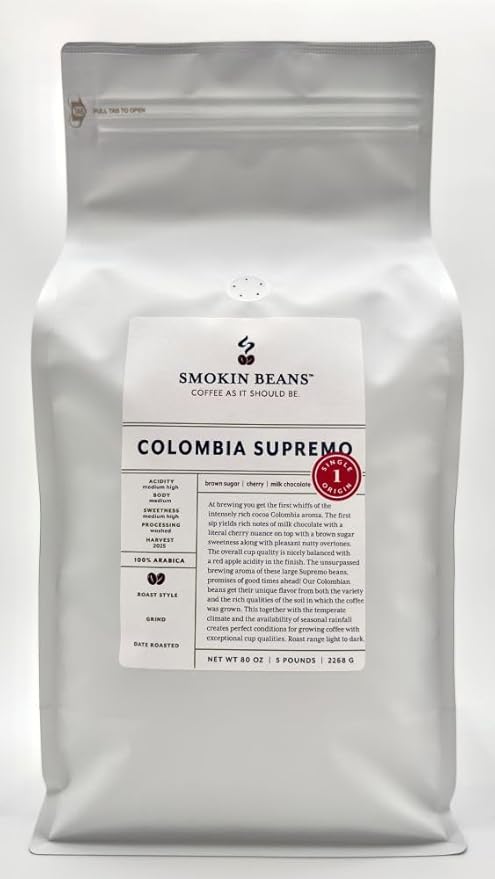 Smokin Beans 5-Pound Colombia Supremo Freshly Roasted Coffee Washed Processing Full City Roast Premium Whole Bean Specialty Coffee