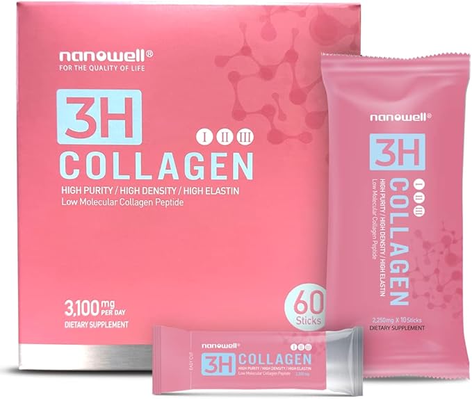 NANOWELL 3H Collagen Peptide 60 Sticks X 2 Boxes for 2 Months - I II &amp III with Vitamin A C E Hydrolyzed Elastin Peptide and Hyaluronic Acid - Hair Nail Skin and Joint Support (120 Count)