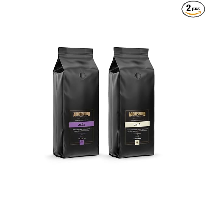 Abbotsford Road - Specialty Coffee Variety Pack Espresso Gourmet Roasted Coffee Beans Ideal for Cold Brew Drip Aeropress Pour Over or Percolator Includes Two 12oz Bags (Dolce | Nero Ground)