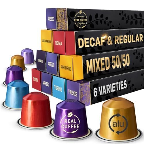 6 Coffee Blends Variety Pack – 100 Aluminium Capsules Compatible with Nespresso | 50 Decaf &amp 50 Regular | Arezzo Roma Firenze San Marino | Smooth Bold Full-Bodied &amp Aromatic Selection
