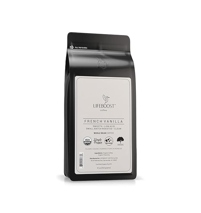 Lifeboost Whole Bean French Vanilla Coffee - Low Acid Single Origin Non-GMO Organic Coffee - Third Party Tested For Mycotoxins &amp Pesticides - 12 Ounces