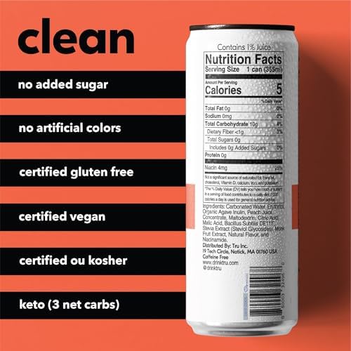 Tru Gut Seltzer Sparkling Water with Prebiotics Probiotics &amp Vitamin B3 Peach Juice &amp Natural Flavor Lightly Carbonated Gluten Free Vegan Caffeine Free Low Calorie 12 FL OZ Cans 12 P