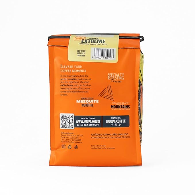 HUUPA Extreme Wood-Fired Roasted Coffee 100% Robusta Beans Dark Roast More Caffeine and Body Whole Bean Extreme 16 oz