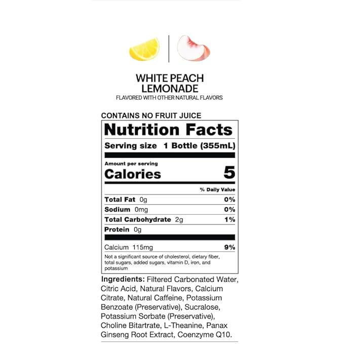 UPTIME Energy Drink White Peach Lemonade Sparkling 12 Pack Vitamin C L Theanine Calcium Sugar Free Energy Drinks for Focus Support 142mg of Natural Caffeine 5 Calories Clean 12 fl oz Cans