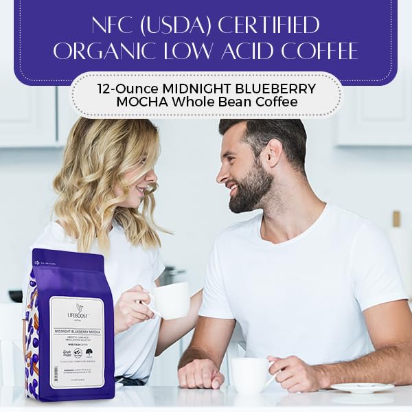 Lifeboost Midnight Blueberry Mocha Whole Bean Coffee - Non-GMO Wild Blueberry Low Acid Single Origin Coffee Beans - Third Party Tested For Mycotoxins &amp Pesticides - 12 Ounces