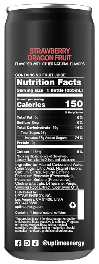 UPTIME Energy Drink Strawberry Dragon Fruit Cane Sugar 12 Pack Vitamin C L Theanine Calcium Energy Drinks for Focus Support 142mg of Natural Caffeine per Serving Clean Natural 12 fl oz Cans
