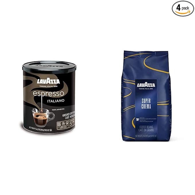Lavazza Espresso Italiano Ground Coffee Blend (Pack of 4) and Lavazza Super Crema Whole Bean Coffee Blend (2.2 lbs)