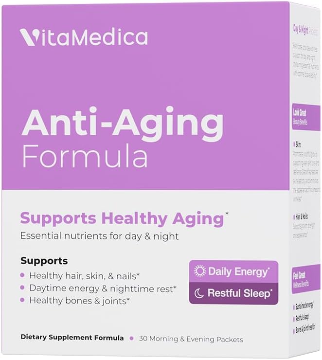 VitaMedica Anti-Aging Formula AM/PM Multivitamin Packets for Women &amp Men – Supports Radiant Skin Hair &amp Nails Daytime Energy + Nighttime Recovery – 30 Packs