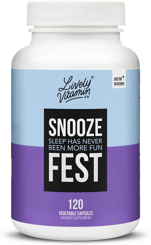 LIVELY VITAMIN CO Snooze Fest - Full REM Cycles - Balanced Sleep - Relax Body &amp Mind - Rest &amp Recovery - GABA - Chamomile - Melatonin - Tryptophan - Valerian Root - Lemon Balm - Poppy - 120 Co