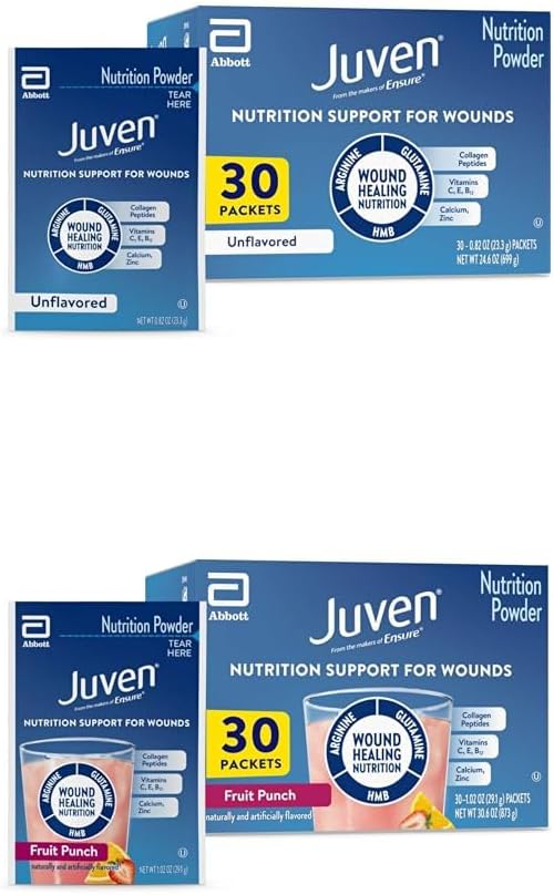 Juven Therapeutic Nutrition Drink Mix Powder for Wound Healing Includes Collagen Protein Unflavored 30 Count and Fruit Punch 30 Count