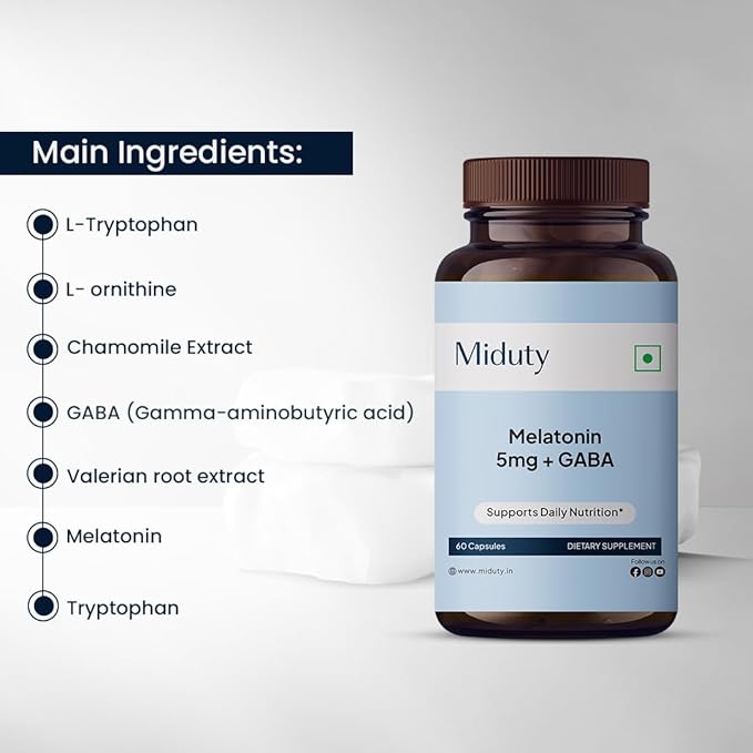 Melatonin 5mg + GABA - L-Tryptophan - L-Ornithine - Chamomile Extract - Tryptophan -Gluten Free - Non-GMO - 60 Capsules