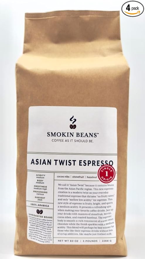 5-Pound Asian Twist Espresso Unroasted Green Coffee Beans Fresh Current Crop Specialty Grade Roast the Beans Yourself at Home on Your Roasting Equipment Prior to Using for Brewing Coffee