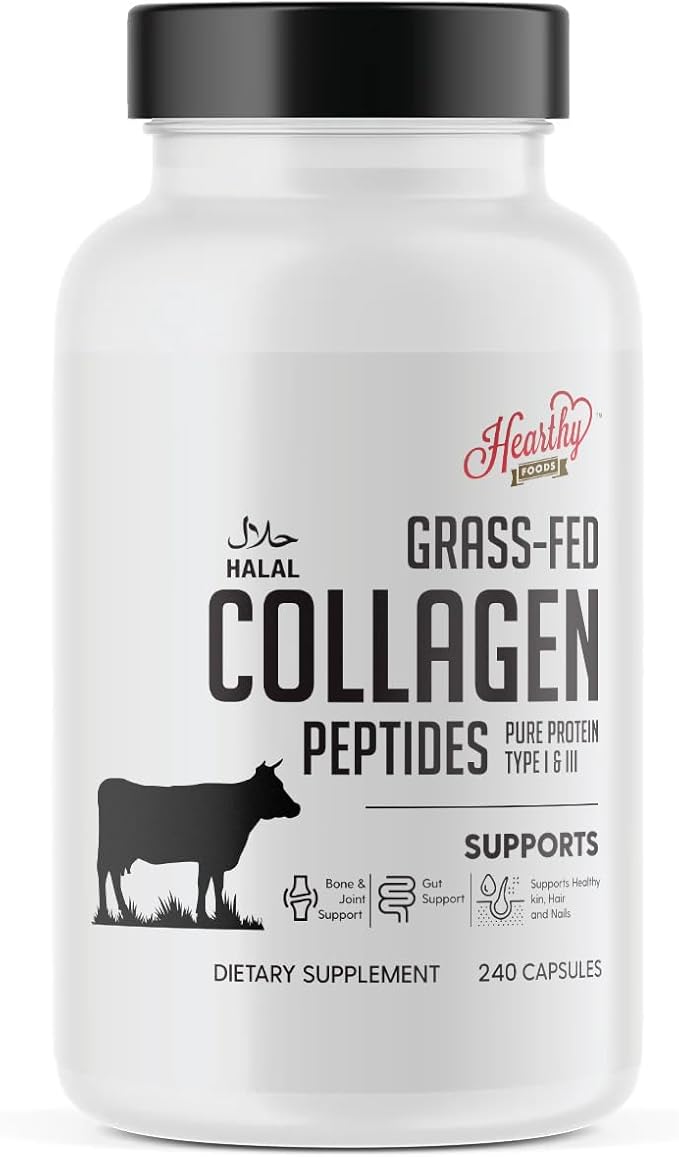 HEARTHY FOODS Collagen Pills Supplement (Type I III) 240 Collagen Capsules Healthy Hair Skin Nails Joints - Dairy and Gluten Free Collagen Supplement - 3.6 Grams Protein Per Serving