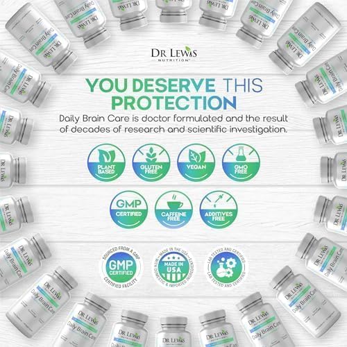 Dr Lewis Daily Brain Care Capsules - Brain Supplements for Memory and Focus with Aloe Vera - Plant-Based Nootropic and Energy Supplement for Brain Fog Mental Clarity and Immune Support - 90 Capsules