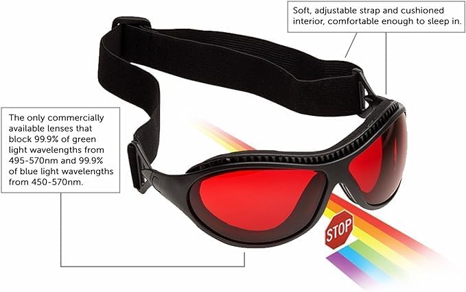 Sleep Savior Deluxe Ultra with Head Strap - Red Night Glasses - Red Light Glasses for Better Sleep