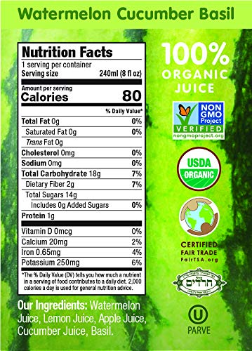 Wonder Melon Organic Watermelon Juice with Cucumber &amp Basil 8.45oz (6 Pack) 100% Juice Cold Pressed Best By: 6/27/2026