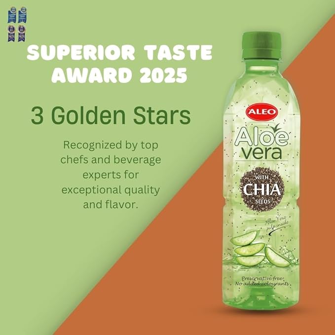 ALEO 0.5L Premium CHIA Aloe Vera Drink - Natural No Preservatives No Artificial Colors Superior Taste Award 2025