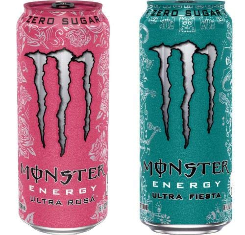 Monster Energy Drink Zero Ultra Variety - Paradise Watermelon Rosa Fiesta 16 ounce (Pack of 16) and Stinger Pomegranate Passionfruit Chews