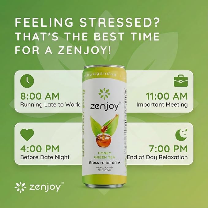 Zenjoy Stress Relief Drink Calming Green Tea &amp Black Tea Non Alcoholic Ashwagandha &amp Lemon Balm for Stress Relief L - Theanine (Variety) (12 Pack)