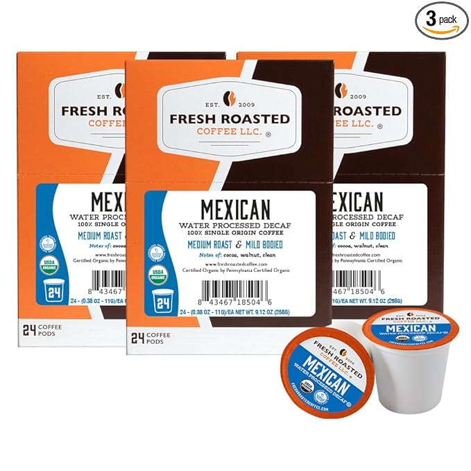 Fresh Roasted Coffee Organic Mexican Water-Processed Decaf | USDA Organic 100% Single Origin Kosher | Medium Roast 72 Pods for K Cup Brewers