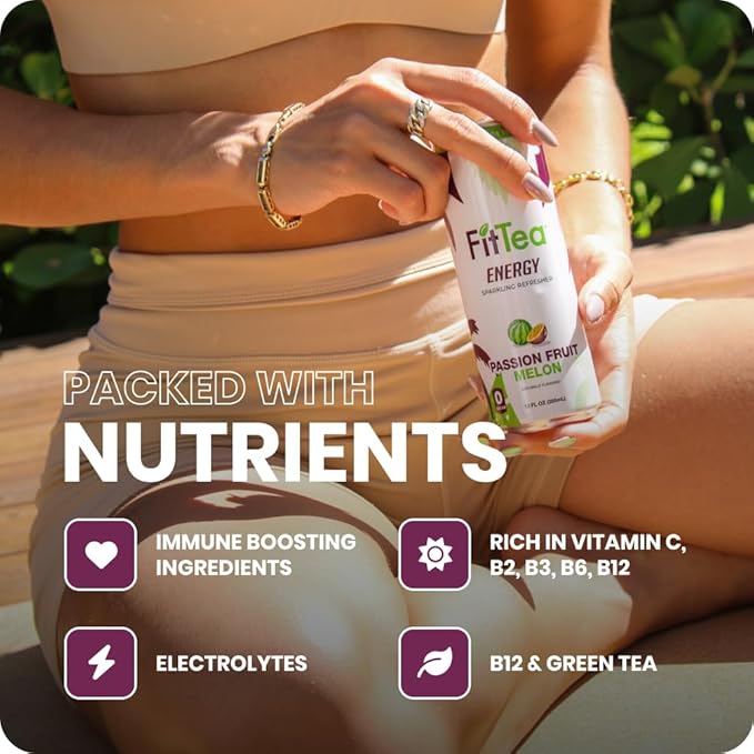 FitTea Healthy Energy Drink 12 Fl Oz - Passionfruit Melon Sparkling Refresher (12 Pack) Natural Green Tea Energy Drinks Sugar Free