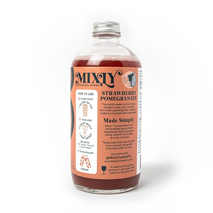 Mixly Strawberry Pomegranate Mixer Made with Fresh Squeezed Juice Ready to Drink Use with Vodka Tequilla Soda Water 16 oz.