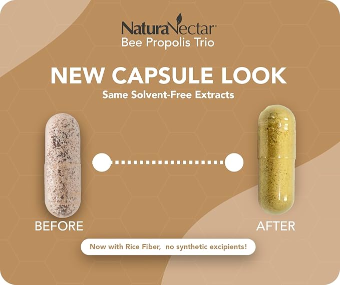 NaturaNectar - Bee Propolis Trio Capsules NSF Certified Premium Brazilian Propolis - Gluten-Free Supplements with More Diverse Flavonoids &amp PWE - Naturally Sourced Through Ethical Beekeeping (60p