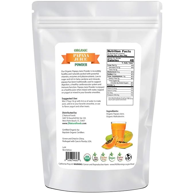 Organic Papaya Juice Powder - Tropical Fruit Superfood Drink Mix Supplement - Mix In Smoothies Shakes Tea Cooking Baking Recipes - Non GMO Gluten Free Vegan Kosher - 1 lb