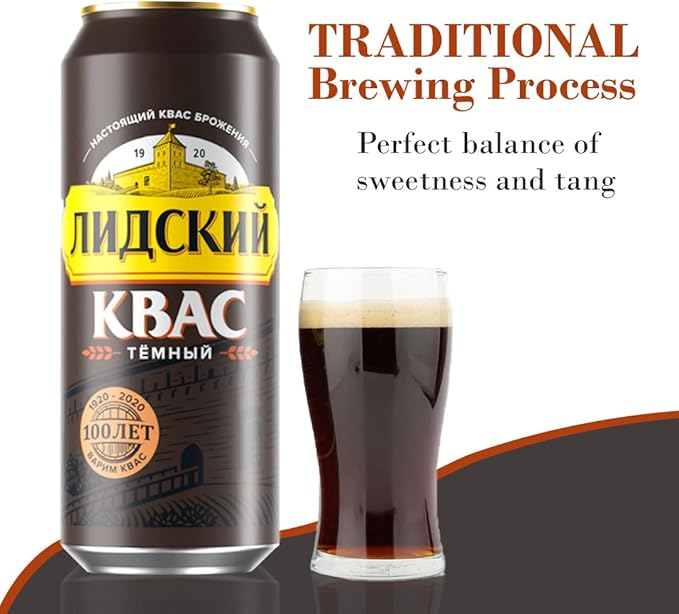 Authentic Eastern European Fermented Kvass LIDSKI Dark Drink - Soft Drink Made with Rye Flour Rye &amp Barley Malt – Non Alcohol Russian Soda - 6-Pack of Kvass Drink Can15.20 fl. oz (0.45L)