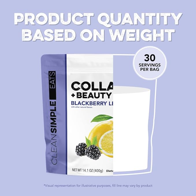 Clean Simple Eats Collagen Powder + Beauty Blend BlackBerry Lemonade Hydrolyzed Collagen Peptides from Grass Fed Bovine &amp Chicken Hyaluronic Acid for Hair Skin Nail &amp Joint Support 30 Se