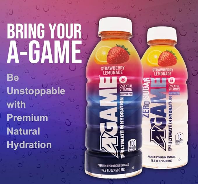 A-Game Zero Sugar Sports Drink Strawberry Lemonade Zero Sugar Free Hydration Sports Beverage 8 Vitamins Plus Electrolytes Natural Flavors Gluten Free &amp Keto Friendly 16.9 Fl Oz (Pack of 12)