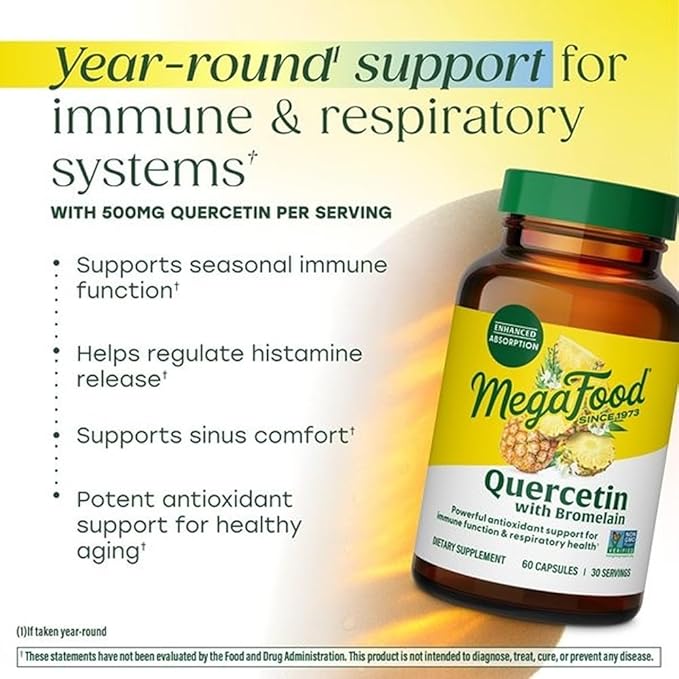 MegaFood Quercetin with Bromelain Supplement Respiratory &amp Seasonal Immune Support Supplement Quercetin 500mg Capsules &amp Enhanced Absorption Vegan Gluten-Free 60 Capsules 30 Servings