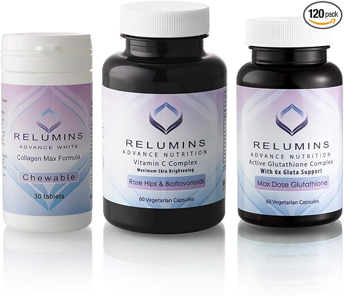 Relumins Advance White Triple Capsule MAX Set - MAX Dose Glutathione with 6X Boosters Collagen MAX Chewable Tablets and Vitamin C MAX - Maximum Skin Lightening and Rejuvenating (One Month Supply)